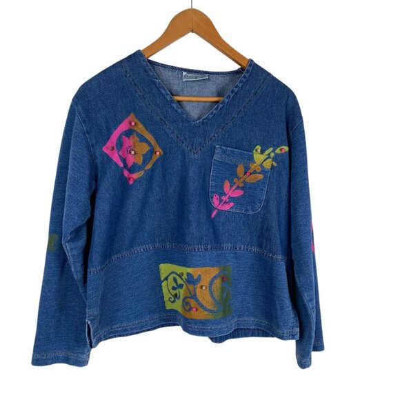 Saint Germain Paris Tops - Vintage Saint Germain Paris Top Blue Size XL Denim Hand Painted Boho Art to Wear